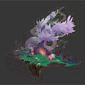 Cartoon Fantasy Scene With Purple Tree Pink Leaves And Glowing Sparkles On Green Floating Platform