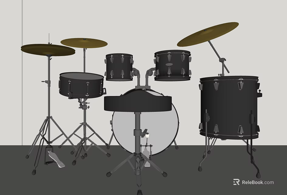 Professional Musical Instruments Drum Set With Black Drums Cymbals And Stands 3d model 