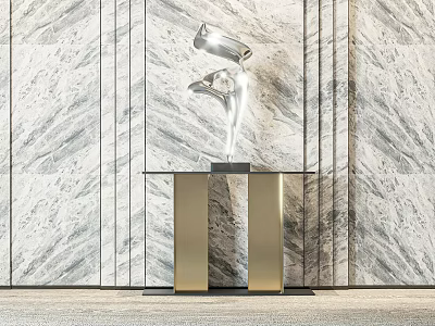 Modern Elegant Console Table Design With Marble Wall Golden Metal Base And Silver Sculpture 3d model