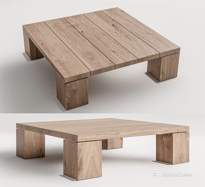 Modern Wooden Coffee Table With Simple Square Design And Sturdy Natural Wood Legs 3d model 