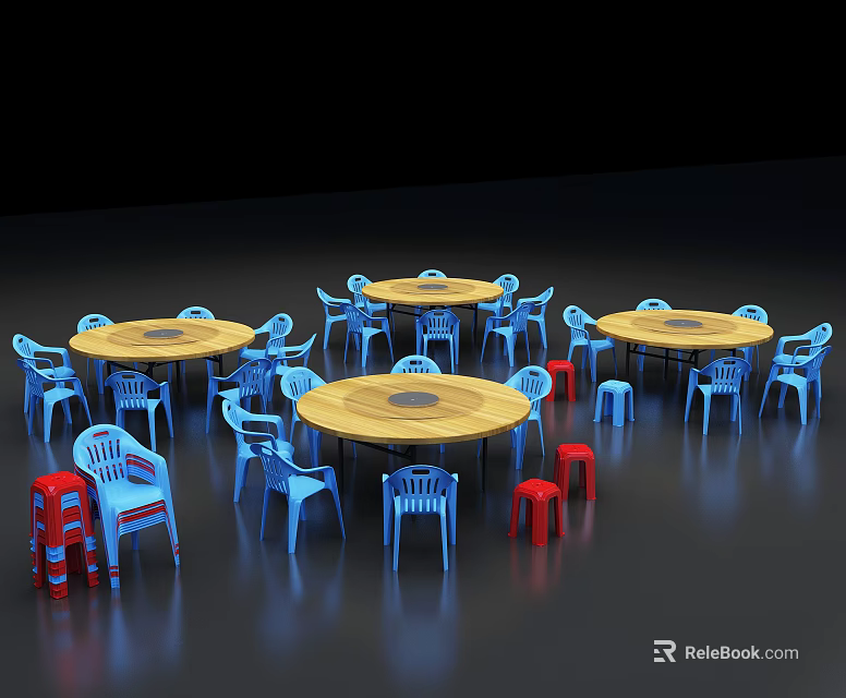 Round Table And Chair Set With Blue Chairs Red Stools For Dining Space 3d model