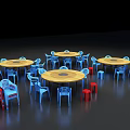 Round Table And Chair Set With Blue Chairs Red Stools For Dining Space 3d model
