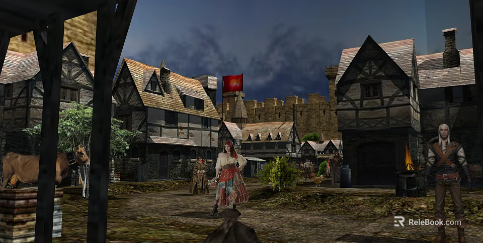 Cartoon Medieval Village Scene Featuring Castle Red Flag Stone Path And Traditional Character 3d model 