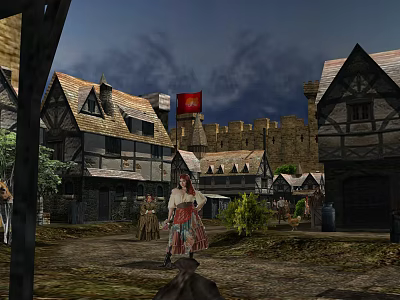 Cartoon Medieval Village Scene Featuring Castle Red Flag Stone Path And Traditional Character 3d model