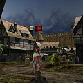 Cartoon Medieval Village Scene Featuring Castle Red Flag Stone Path And Traditional Character