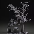 Fresh Ripe Blueberries In Bowl And Decorative Branches Arranged In Black Vases