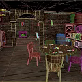 Rustic Interior Featuring Brick Walls Wooden Barrels Round Dining Table Chairs Fireplace And Wooden Shelves