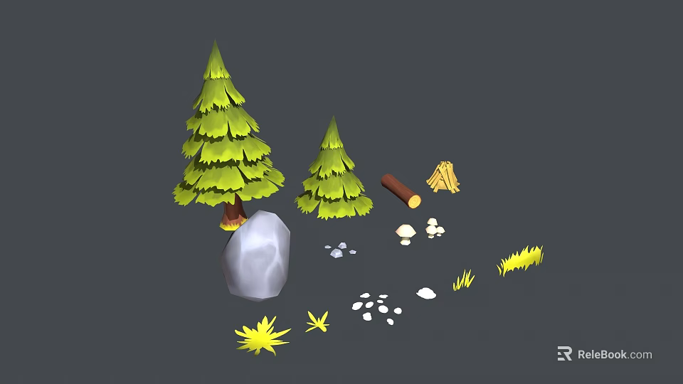 Natural Outdoor Elements With Pine Trees Rock Logs Hay Small Stones And Grass 3d model 
