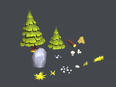 Natural Outdoor Elements With Pine Trees Rock Logs Hay Small Stones And Grass 3d model