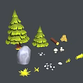 Natural Outdoor Elements With Pine Trees Rock Logs Hay Small Stones And Grass