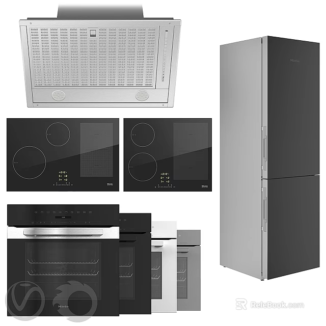 Modern Stainless Steel Kitchen Appliances With Range Hood Induction Cooktop Oven And Refrigerator 3d model 