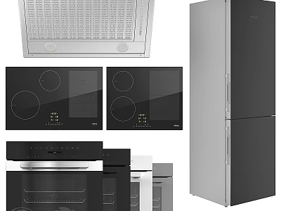 Modern Stainless Steel Kitchen Appliances With Range Hood Induction Cooktop Oven And Refrigerator 3d model