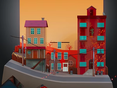 Cartoon Style Urban Scene With Colorful Buildings Sloped Street And Street Lamps 3d model