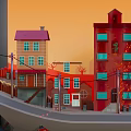 Cartoon Style Urban Scene With Colorful Buildings Sloped Street And Street Lamps