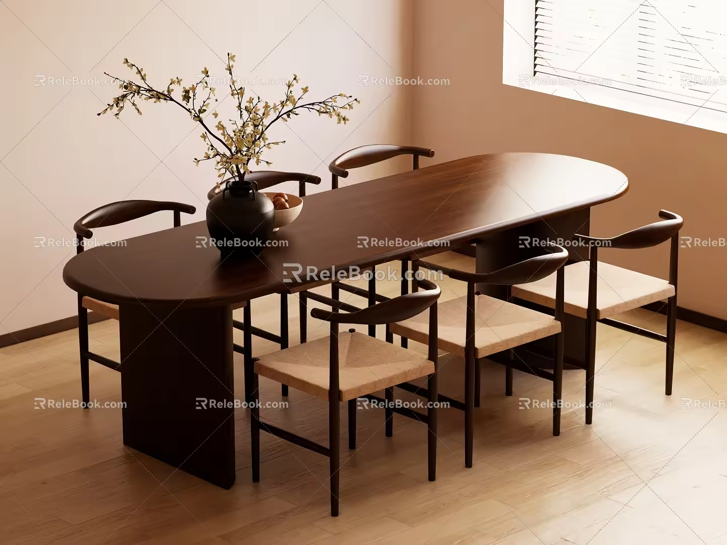 Quiet ancient style dining table and chair combination 3d model