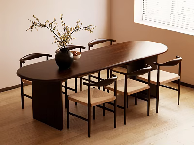Modern Dark Wood Oval Dining Table Set With Light Seat Chairs And Branch Vase 3d model
