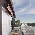 Modern Villa Balcony With Red Awning White Sofa Coffee Table And Green Plants