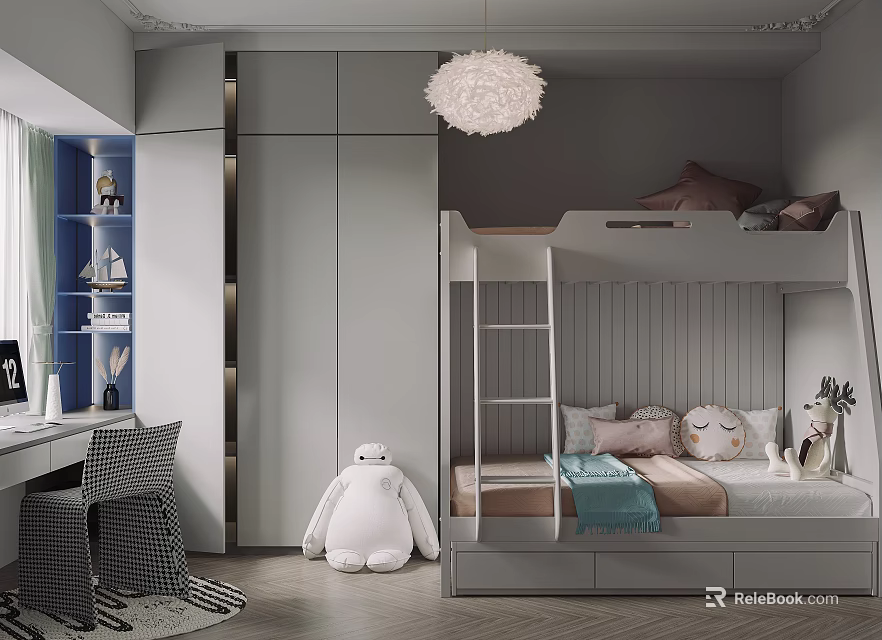Modern Kids Room Interior With Bunk Bed Large White Stuffed Toy Desk And Chair 3d model 