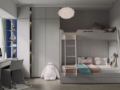 Modern Kids Room Interior With Bunk Bed Large White Stuffed Toy Desk And Chair 3d model