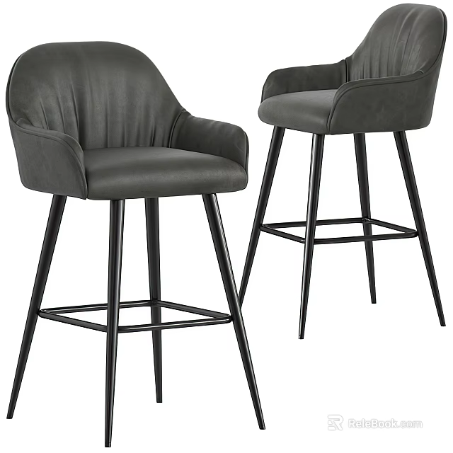 Gray Leather Bar Stools with Arms and Black Metal Legs Modern Design 3d model 