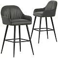 Gray Leather Bar Stools with Arms and Black Metal Legs Modern Design