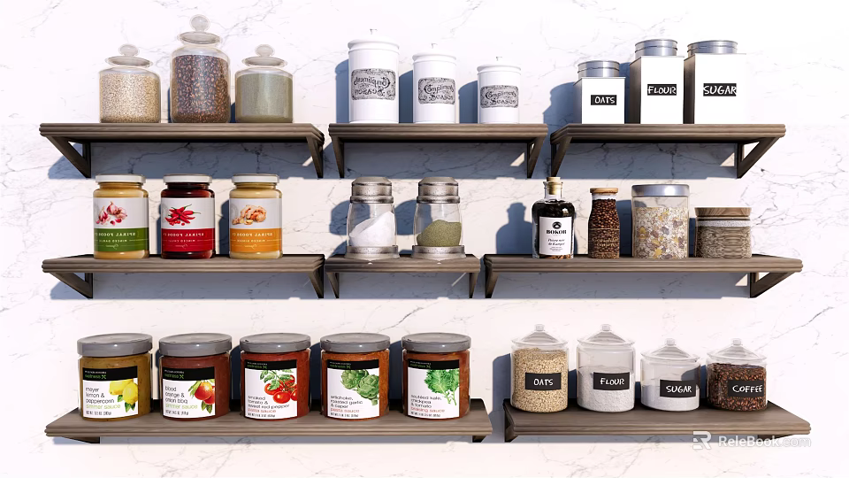 Organized Kitchen Spice Jars On Wooden Shelves With Labeled Containers And Various Spices 3d model 