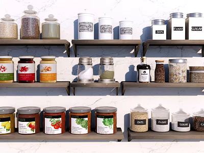 Organized Kitchen Spice Jars On Wooden Shelves With Labeled Containers And Various Spices 3d model