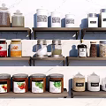 Organized Kitchen Spice Jars On Wooden Shelves With Labeled Containers And Various Spices