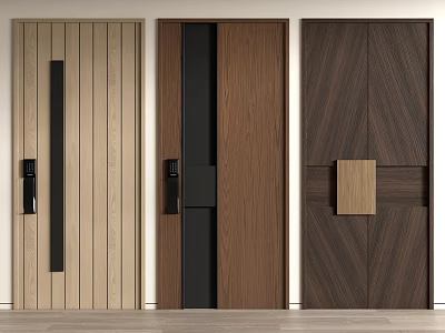 Three Modern Wooden Swing Doors Featuring Different Wood Grain And Handle Designs 3d model