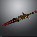 Red And Golden Mythical Sword With Intricate Ornate Design And Decorative Hilt