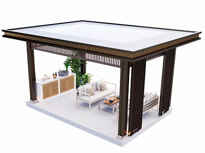 Outdoor Pavilion Design With White Canopy Black Pillars Sofa Coffee Table And Plants 3d model