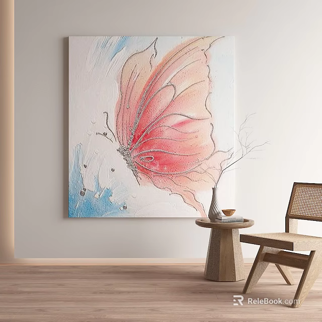 Pink White Butterfly Animal Painting with Gradient Wings and Blue Splatter Background Hanging on Wall 3d model 