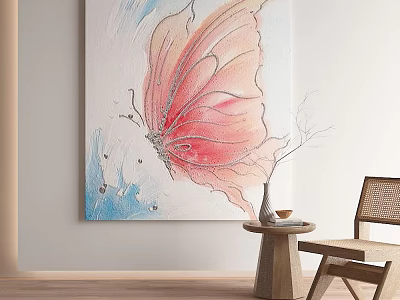 Pink White Butterfly Animal Painting with Gradient Wings and Blue Splatter Background Hanging on Wall 3d model