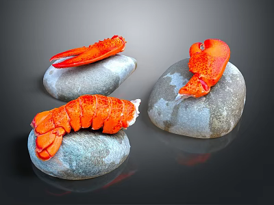 Three Fresh Juicy Lobster Claws Arranged On Natural Stones 3d model