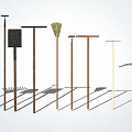Industrial Equipment Including Various Gardening Tools Shovel Rake Hoe Broom And Pickaxe