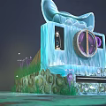 Cartoon Scene With Blue Icy Structure Scroll Top Round Window Purple Plants Green Glowing Light