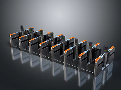 Modern Automatic Train Station Turnstiles With Orange Accents And Entry Gates 3d model