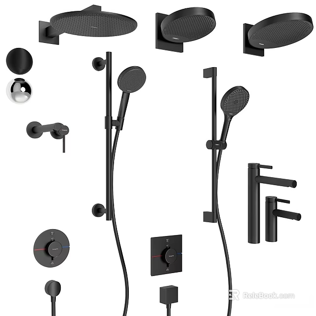 Black Shower System With Handheld Shower Head Faucet And Control Knobs 3d model