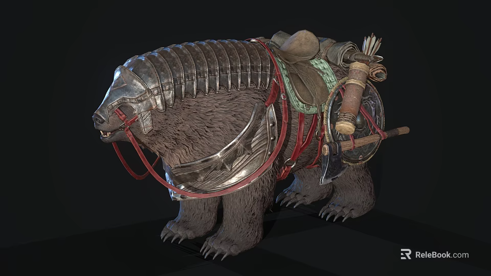 Armored Reptile Warrior Mount Equipped With Saddle Quiver Axe And Shield 3d model 