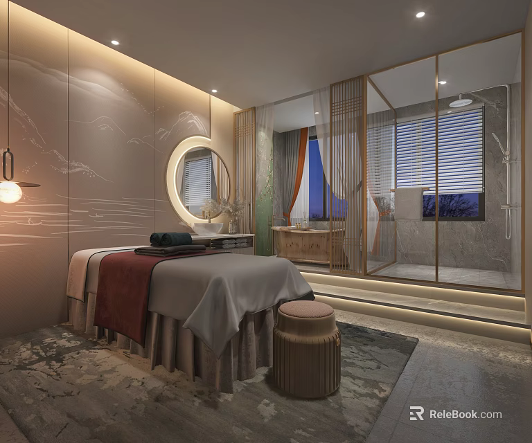 Luxury SPA Sauna Interior With Massage Bed Round Mirror Marble Walls And Soft Lighting 3d model 