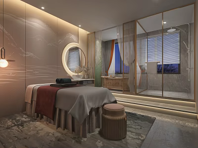 Luxury SPA Sauna Interior With Massage Bed Round Mirror Marble Walls And Soft Lighting 3d model