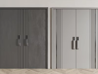 Dark And Light Gray Double Doors With Vertical Stripes Metal Handles On Wooden Floor 3d model