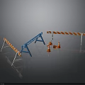 Construction Site Safety Setup With Blue Barriers Orange Cones And Red White Striped Boards