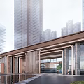 Grand Modern Entrance Gate With Water Pool And Lawn Area Fronting Tall Buildings
