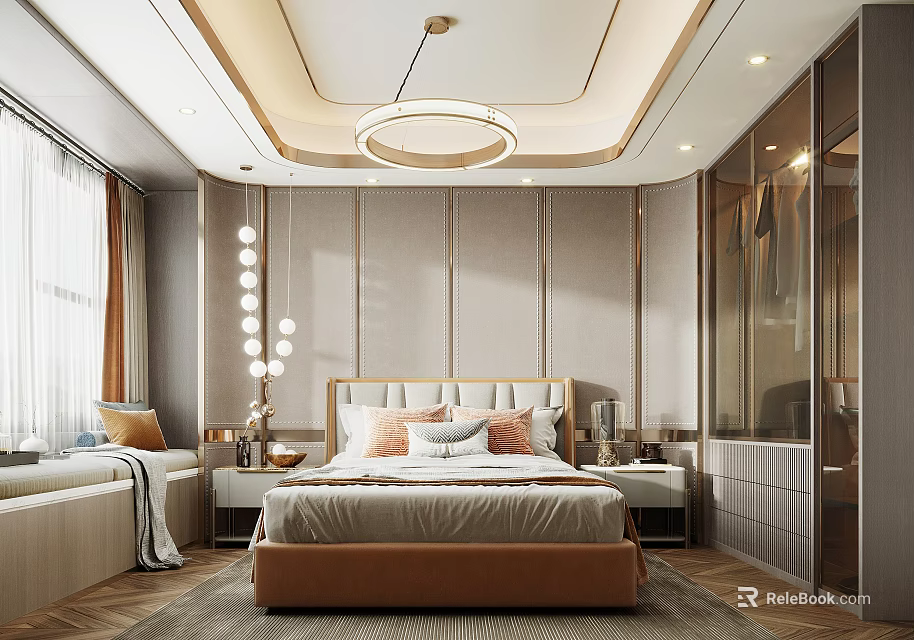Elegant Modern Bedroom Interior With Upholstered Bed Round Chandelier Side Tables And Carpet 3d model 