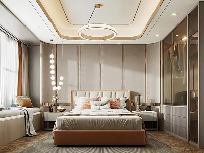 Elegant Modern Bedroom Interior With Upholstered Bed Round Chandelier Side Tables And Carpet 3d model