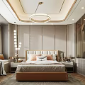 Elegant Modern Bedroom Interior With Upholstered Bed Round Chandelier Side Tables And Carpet
