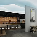 Modern Interior Display Space With Wooden Shelves Long Tables And Stone Decorative Floor