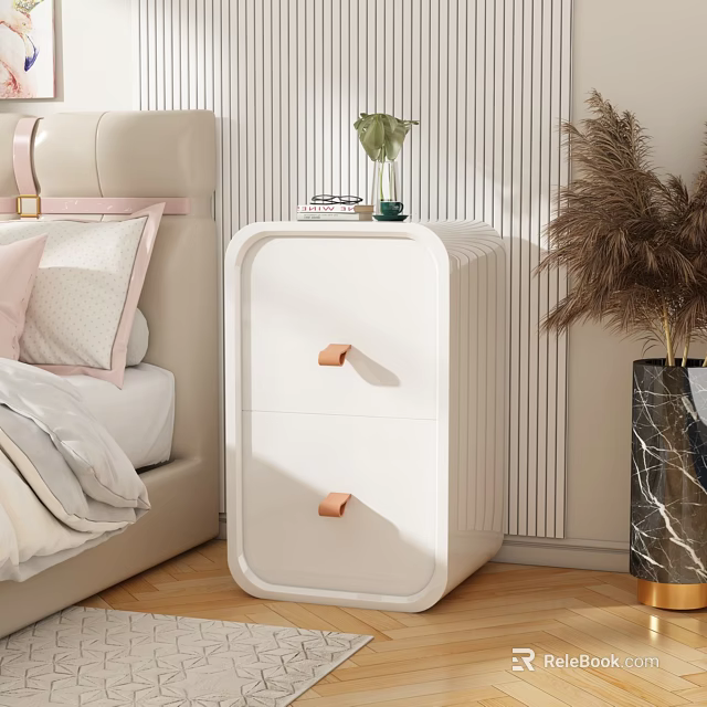 White Two Drawer Nightstand With Copper Handles On Striped Wall With Books And Green Plant 3d model 