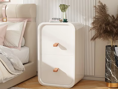 White Two Drawer Nightstand With Copper Handles On Striped Wall With Books And Green Plant 3d model